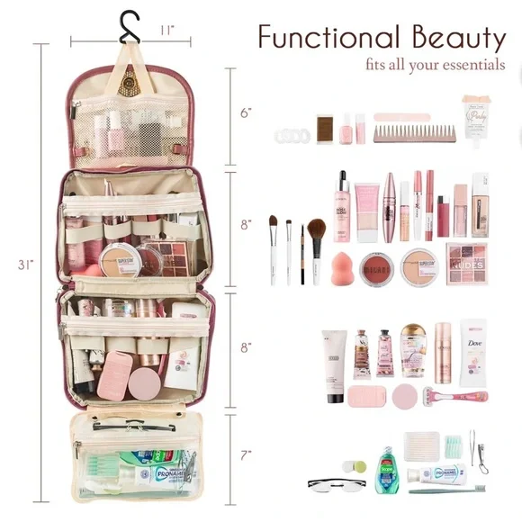 Hanging Toiletry And Makeup Travel Bag - GIFT READY - Mauve Pink and Gold - NWT! - Picture 3 of 12